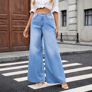 Women's Wide Leg Denim Pants Loose Fit Straight Leg Jeans with Side Pockets - 1 of 4