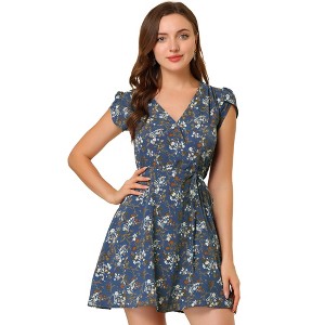 Allegra K Women's Boho Crossover V Neck Petal Sleeves Belted Floral Flowy Dress - 1 of 4