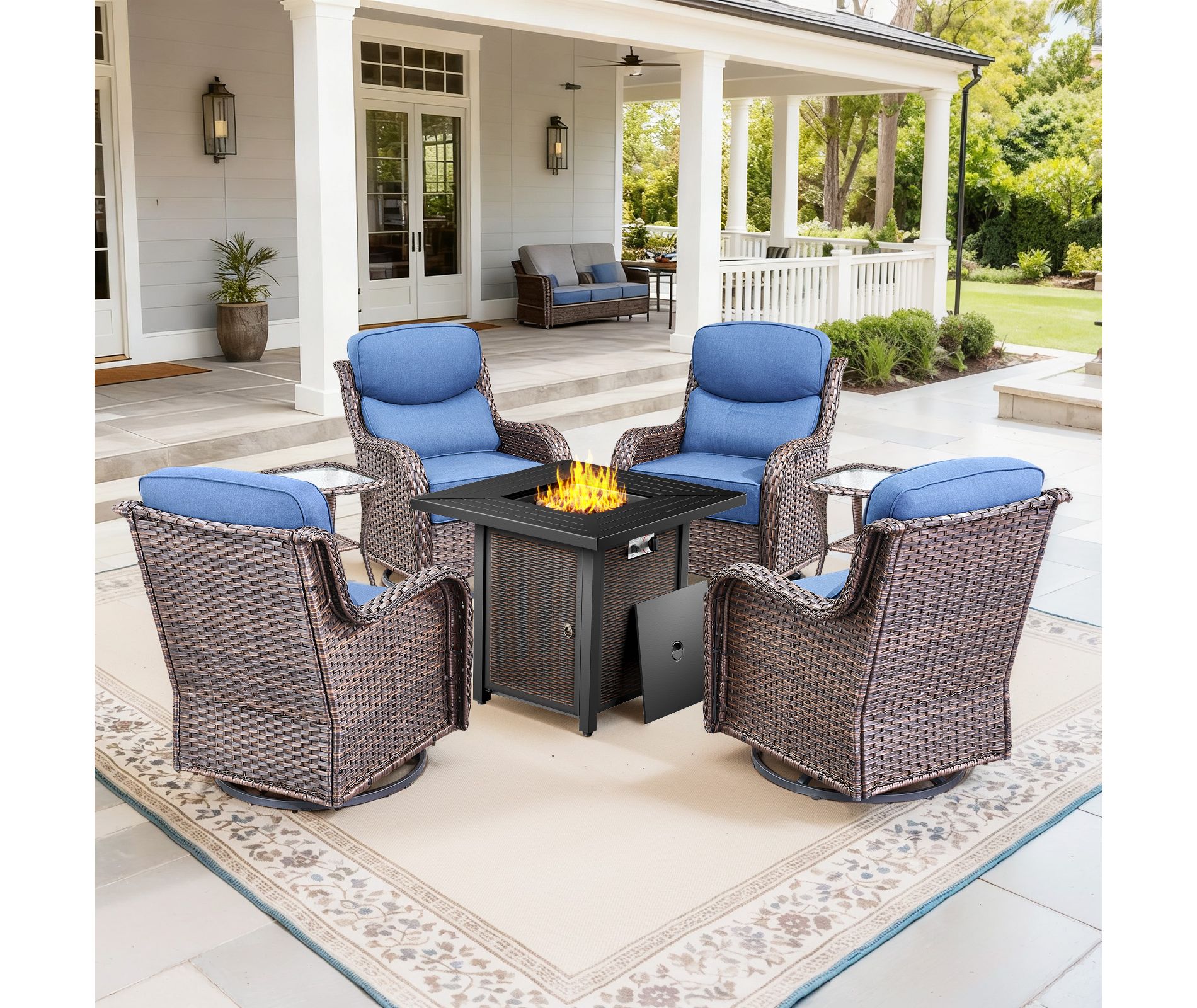 Gymojoy 5/7PCS Outdoor Swivel Chair 6-inch Thick Cushion with Fire Pit Table Patio Furniture Set