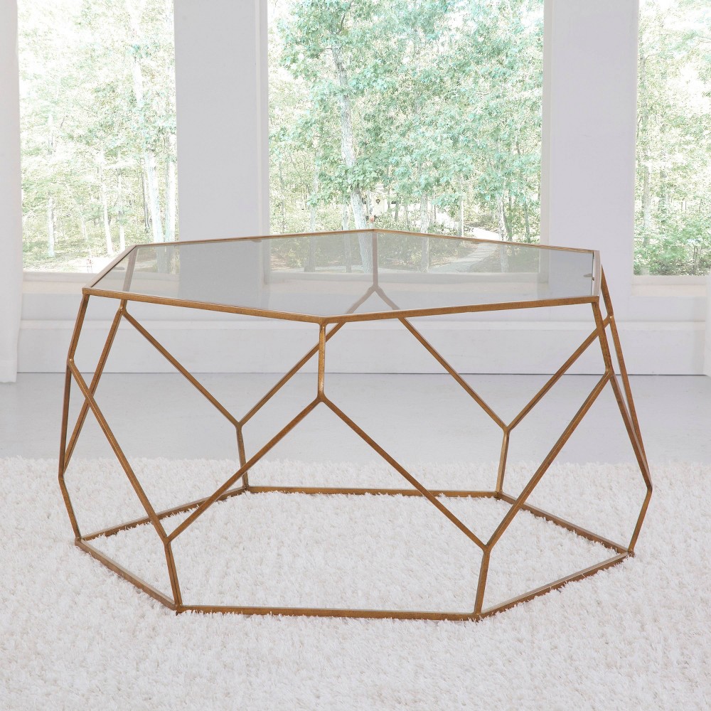Photos - Coffee Table Roxy Hexagonal Cocktail Glass Table Gold - Steve Silver Co.