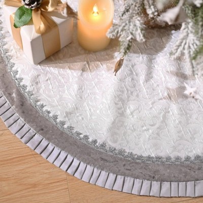 Silver and White Christmas Tree Skirt, 48-Inch Elegant Velvet & Brocade Holiday Tree Base Cover with Pleated Trim| OrnamentallyYou