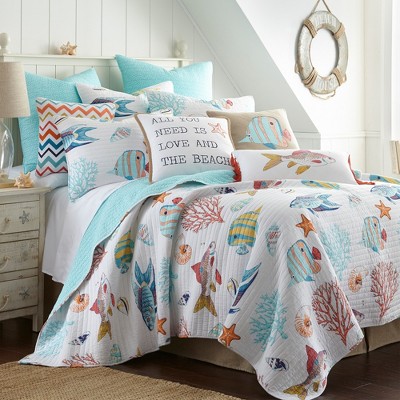 Barrier Reef White Fish Print Pillow with Red Tassels