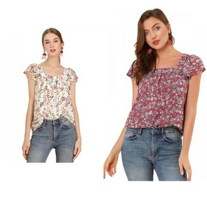 Allegra K Women's Chiffon Ruffle Sleeve Square Neck Floral Print Blouse 2 Pcs - 1 of 4
