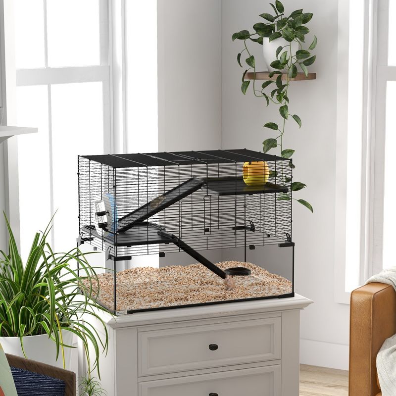 PawHut Hamster Cage, Mouse Cage with Glass Basin, Ramps, Platforms, Hut, Exercise Wheel, Black, 3 of 7