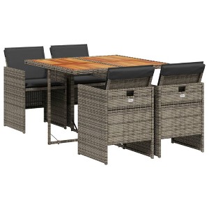 vidaXL Patio Dining Set - 5 Piece Garden Furniture with Cushions - PE Rattan 4 Garden Chairs 1 Acacia Wood Table - Gray - 1 of 4