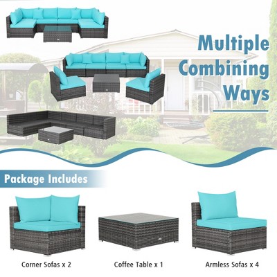 Turquoise Cushioned 6-Person Outdoor Rattan Sectional Sofa Set