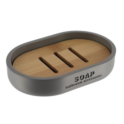 Gray Polyresin Soap Dish with Bamboo Insert