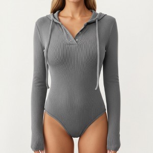 Anna-Kaci Women's Ribbed Knit Long Sleeve Bodysuit with Hoodie and Button Front Detail - 1 of 4