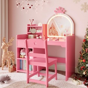 Kids Vanity with Lights, 2 in 1 Princess Makeup Vanity Desk Toddler Vanity Table & Chair Set with Open Bookshelf, Storage Cabinet & Shelves for Girls - 1 of 4