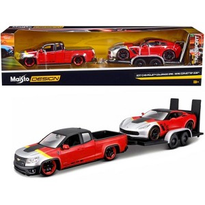 2017 Chevrolet Colorado ZR2 Truck Red & 2015 Chevrolet Corvette Z06 Red w/Flatbed Trailer 1/24 Diecast Model Cars by Maisto - 1 of 3