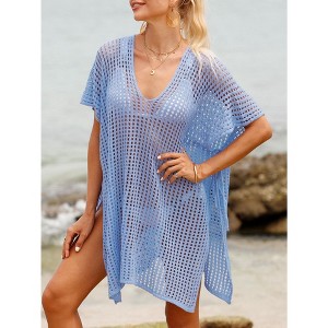 Coolmee Women's Bikini Cover Up V-Neck Short Sleeve Crochet Side Tie Cover-Up Summer Beach Dress - 1 of 4