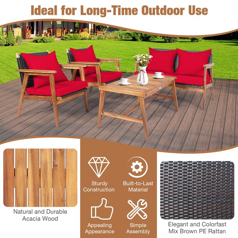 Tangkula 4PCS Patio Rattan Furniture Set Wood Frame Cushioned Sofa with Coffee Table Sectional Conversation Sofa Set for Garden, 3 of 9