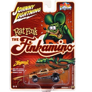 1965 Chevrolet El Camino Zinger "Finkamino" Beige with Graphics "Rat Fink" 1/64 Diecast Model Cars by Johnny Lightning - 1 of 1