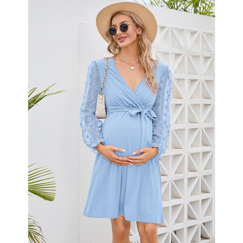 Womens Maternity Swiss Dot Long Sleeve Wrap Dress Fall Casual V Neck Nursing Midi Dress Baby Shower Photoshoot Belt, 4 of 7