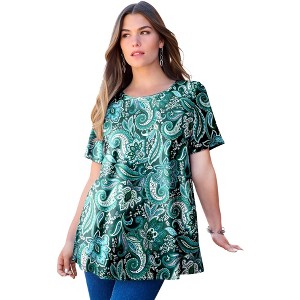 Roaman's Plus Size Cotton Ultimate Swing Tee With Keyhole Back - 1 of 4
