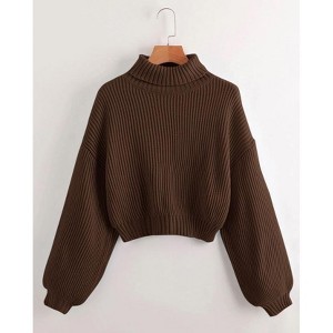 TIME HOLLOW Coffee Brown High Neck Bishop Sleeve Sweater - 1 of 2