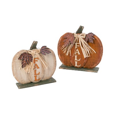 GIL S/2 Wood Harvest Pumpkin/metal leaf/raffia bow