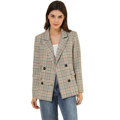 Allegra K Women's Notched Lapel Double Breasted Plaid Formal Blazer ...
