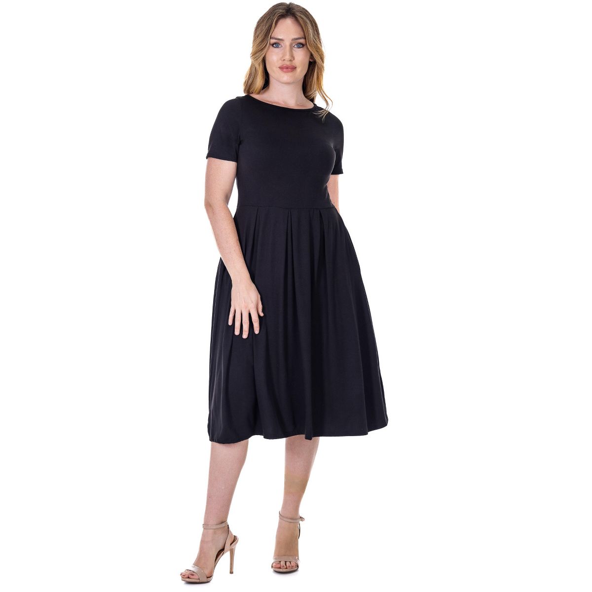 Womens Short Sleeve Boat Neck Pleated Flared Pocket Midi Dress - 24seven Comfort Apparel™