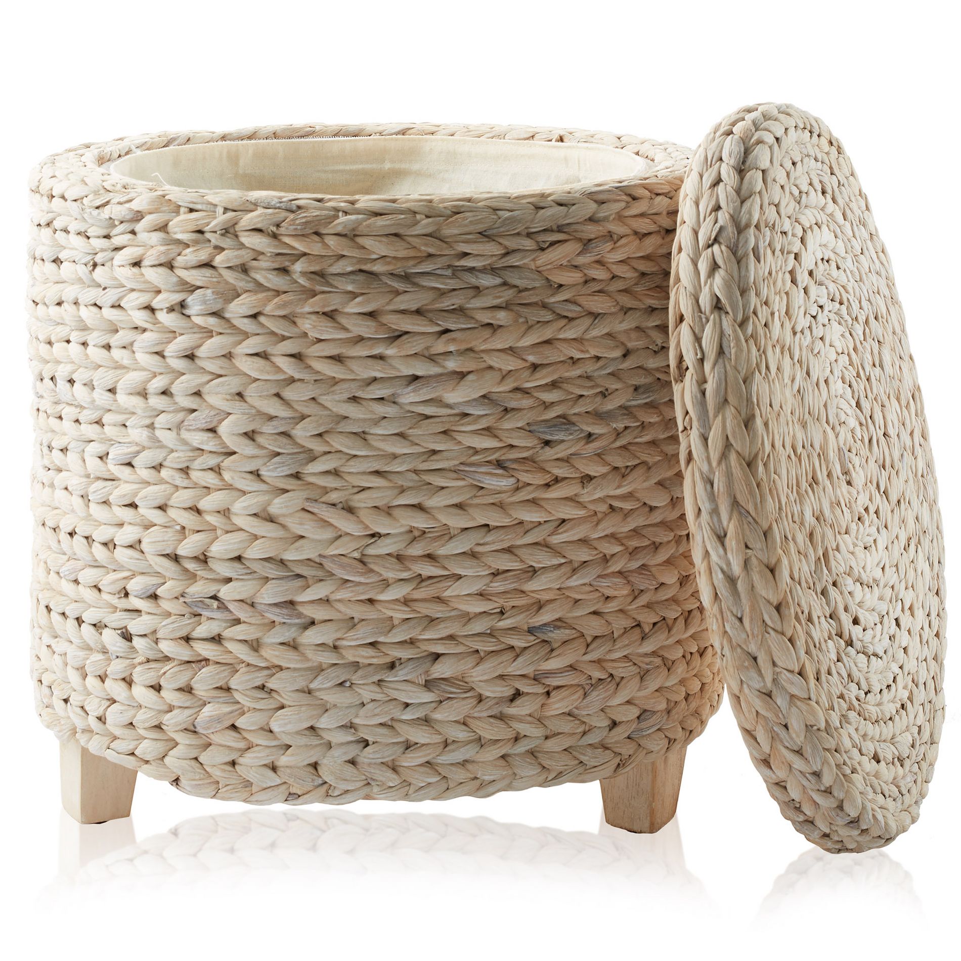 Casafield 17" Round Storage Ottoman with Lid - Whitewash, Handwoven Footrest for Living Room, Bedroom, Bathroom, Home Office