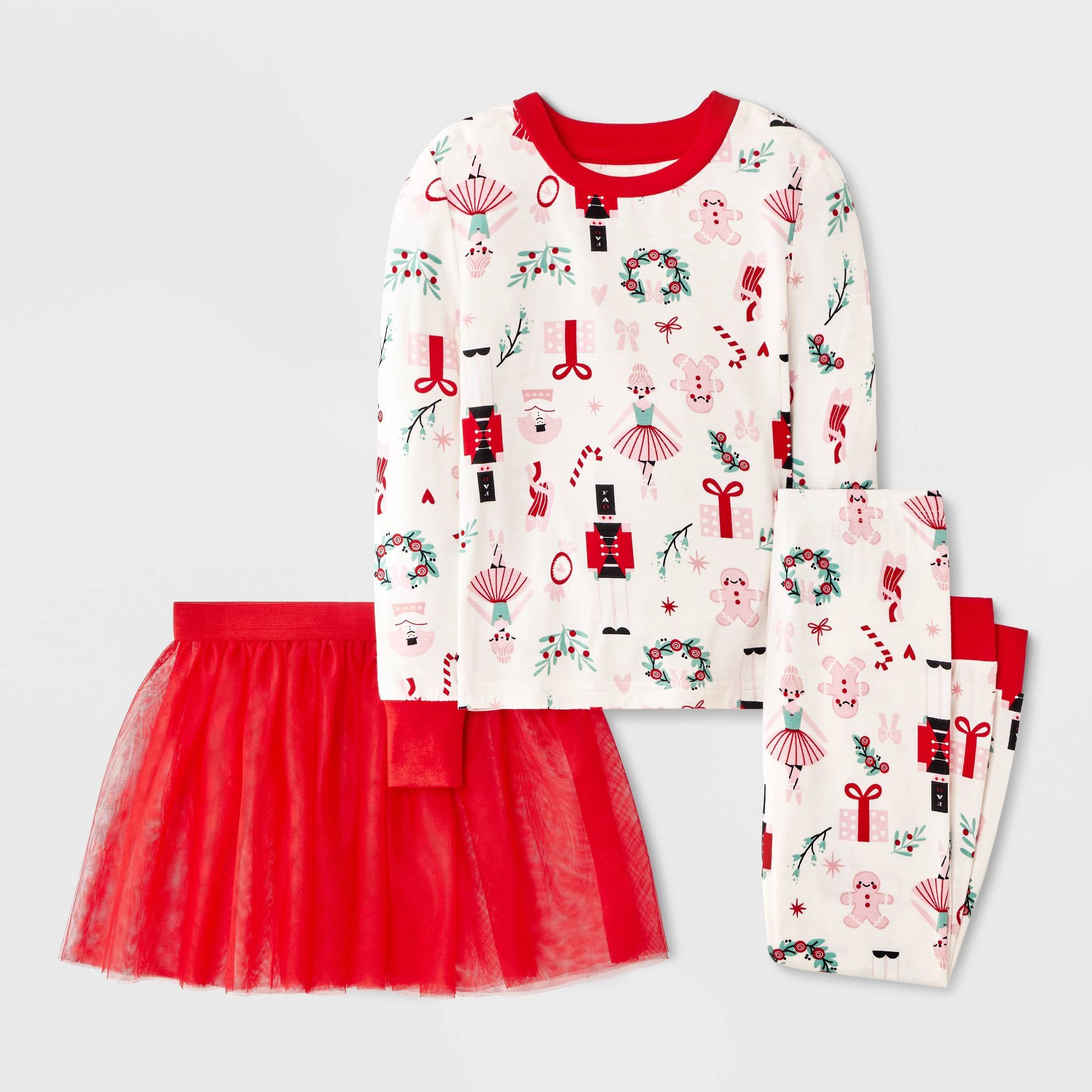 FAO Schwarz Baby & Toddler Girls' Holiday Nutcracker Long Sleeve Viscose Snug Fit Pajama Set with Tutu 3pc - Red/Ivory