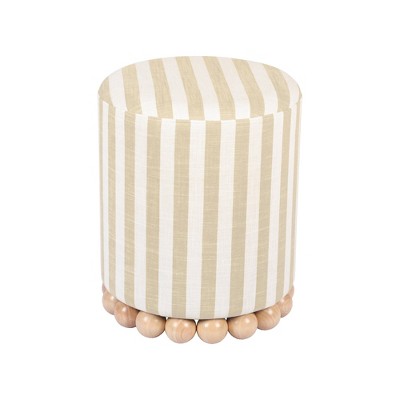 Dex Beige and White Striped Linen Ottoman with Wood Base