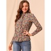 Allegra K Women's Floral Button Up Ruffle Stand Collar Long Sleeve Shirt - 2 of 4