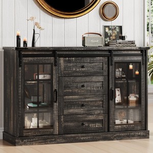 4 Drawers Storage Cabinet with 2 Sliding Glass Door & 6 Colors LED Light, Wood Dresser - 1 of 4
