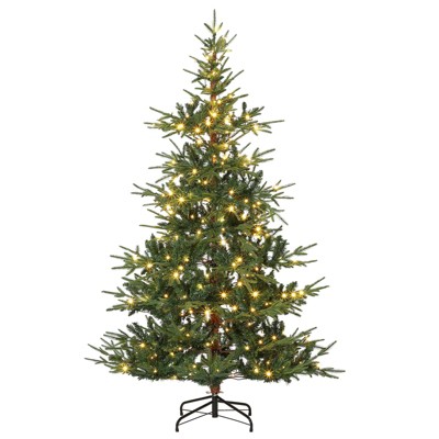 Jojoka 6Ft Pre-Lit Artificial Christmas Tree, Hinged Aspen Fir Xmas Tree with 300 Warm White Lights, 678 Branch Tips, Fodable Metal Base