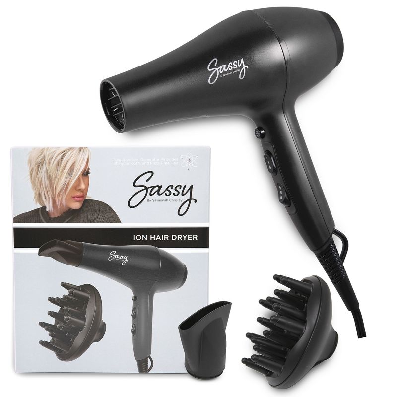 Sassy Ceramic Ion Hair Dryer, 1875-Watt Salon Dryer with Concentrator and Diffuser, 1 of 8