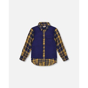Deux par Deux Boy Long Sleeve Plaid Flannel Shirt with Solid Vest Blue and Ocher - 1 of 4