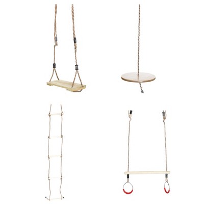 PLAYBERG Wooden Swings with 4 Included Ropes, Tree Swing, Swing Bar, Climbing Rope Ladder and Swing Seat
