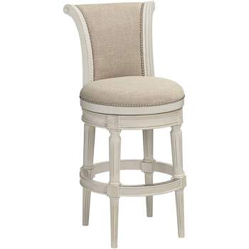 55 Downing Street Oliver Wood Swivel Bar Stool White 30 1/2" High Traditional Scroll Cream Cushion with Backrest Footrest for Kitchen Counter Height