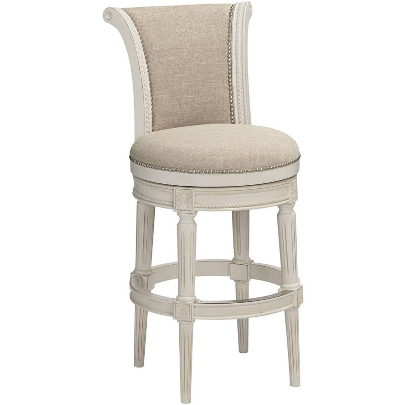 55 Downing Street Oliver Wood Swivel Bar Stool White 30 1/2" High Traditional Scroll Cream Cushion with Backrest Footrest for Kitchen Counter Height, 1 of 10
