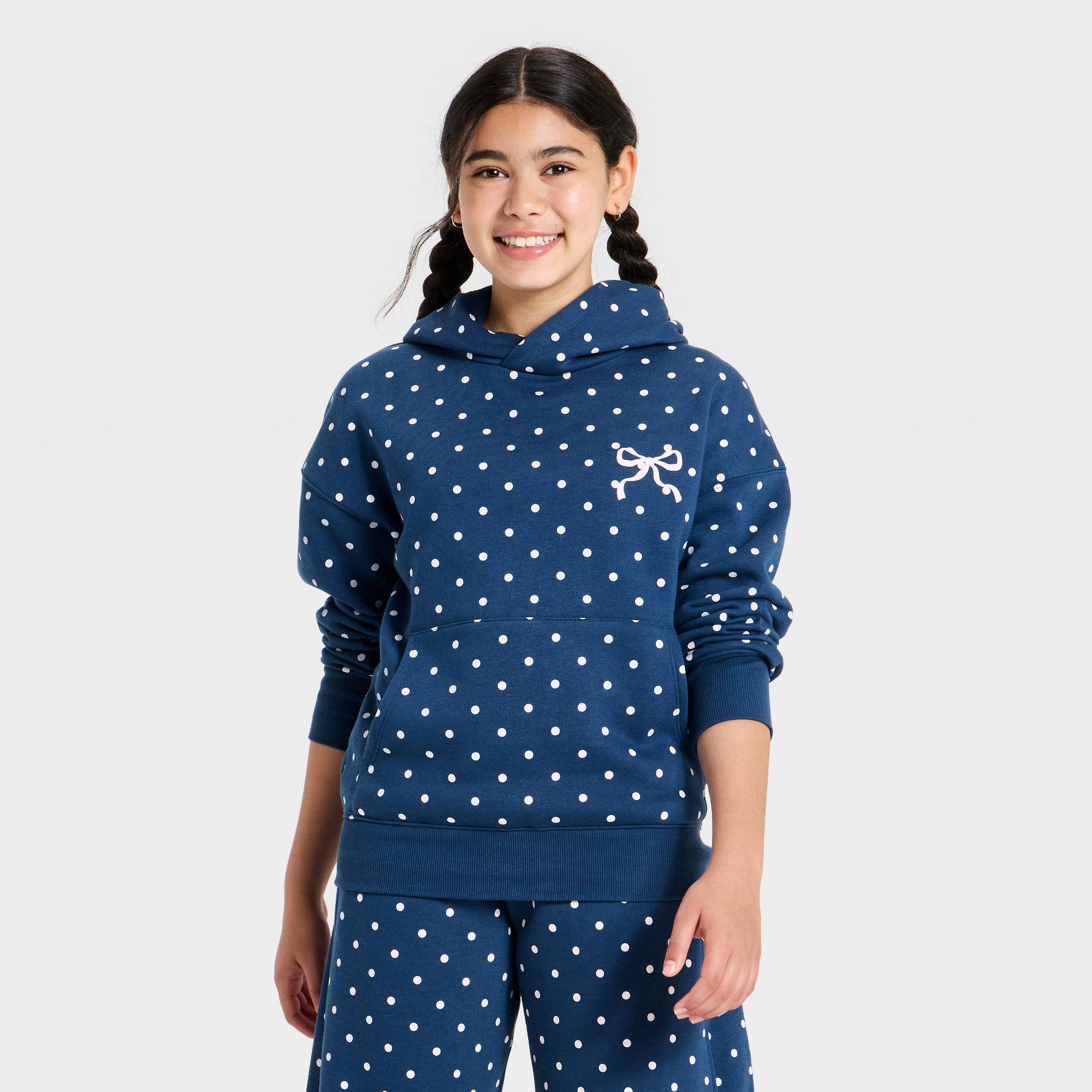 Girls' Oversized Fleece Polka Dot Graphic Hoodie - art class™ Navy Blue