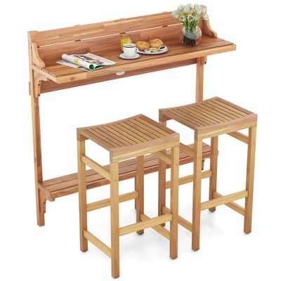 Tangkula 3 PCS Acacia Wood Balcony Table Set w/ Shelf Footrest Curved Wood Seat