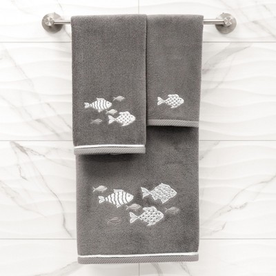 Charcoal Turkish Cotton Embroidered Fish Fingertip Towel Set