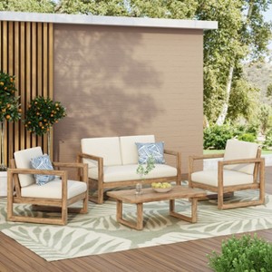 Christopher Knight Home Stefan Outdoor Acacia Wood 4 Seater Chat Set with Water Resistant Cushions, Brown/Beige - 1 of 4