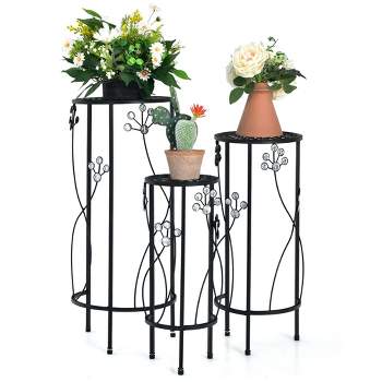 Costway 3 Pcs Metal Plant Stand Set Plant Pot Holder w/Crystal Floral Accents Round