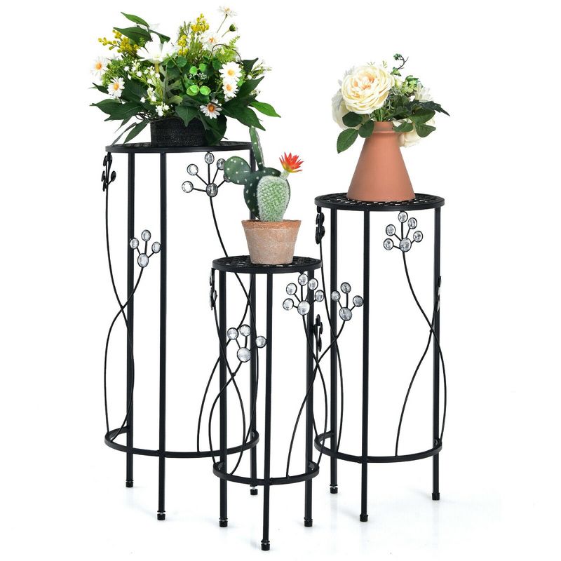 Costway 3 Pcs Metal Plant Stand Set Plant Pot Holder w/Crystal Floral Accents Round, 1 of 10