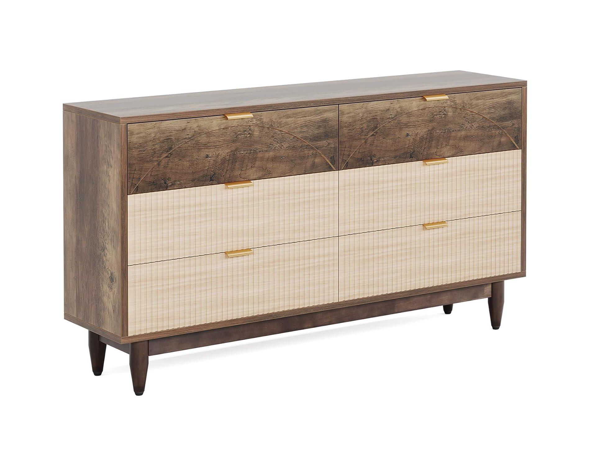 Tribesigns 6-Drawer Dresser for Bedroom, 55 Inches Farmhouse Chest of Drawers, Wood Double Dresser Organizer Cabinet for Bedroom, Closet, Brown