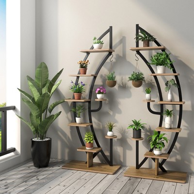 Curved Black and Natural 6-Tier Metal Plant Stand Set