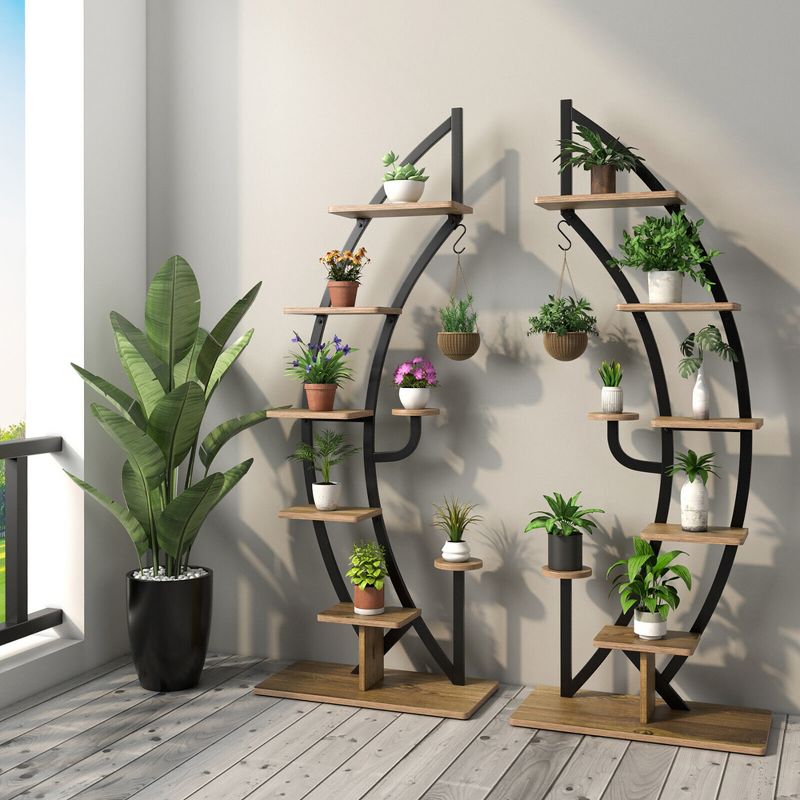 Tangkula 2 PCS 6 Tier 9 Potted Metal Plant Stand Curved Stand Holder Display Shelf w/ Hook, 2 of 10