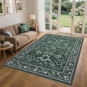 Floral Washable Rugs for Living Room Bedroom Soft Non-Slip Low Pile Print Area Rug Botanical Foldable Accent Rugs - 1 of 4