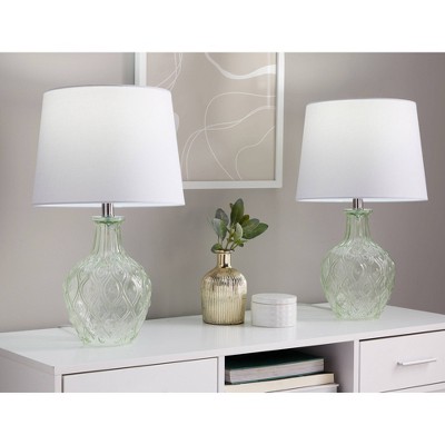 LumiSource (Set of 2) Gloria Round 20" Contemporary Table Lamps Clear Recycled Spanish Glass, Chrome Metal and White Linen Shade