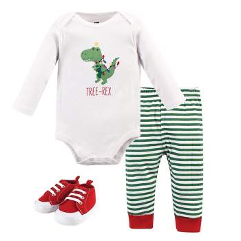 Hudson Baby Infant Boy Cotton Bodysuit, Pant and Shoe 3pc Set, Tree Rex