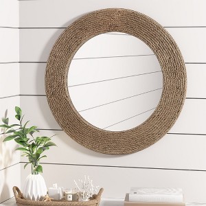 Wooakway 26" Round Wall Mirror with Handwoven Natural Jute Rope Frame Boho Coastal Decor Mirror for Living Room Bedroom or Entryway - 1 of 4