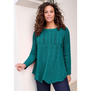 Roaman's Women's Plus Size Scallop Hem Pointelle Sweater - 1 of 2