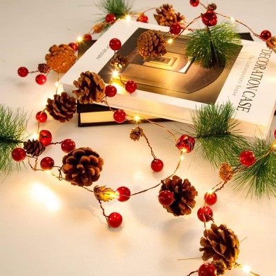 Christmas Garland Decoration with 20 LED Lights 6.3FT Pre-Lit Artificial Christmas Garland,Battery Powered with Red Berries Lighted Christmas Garland