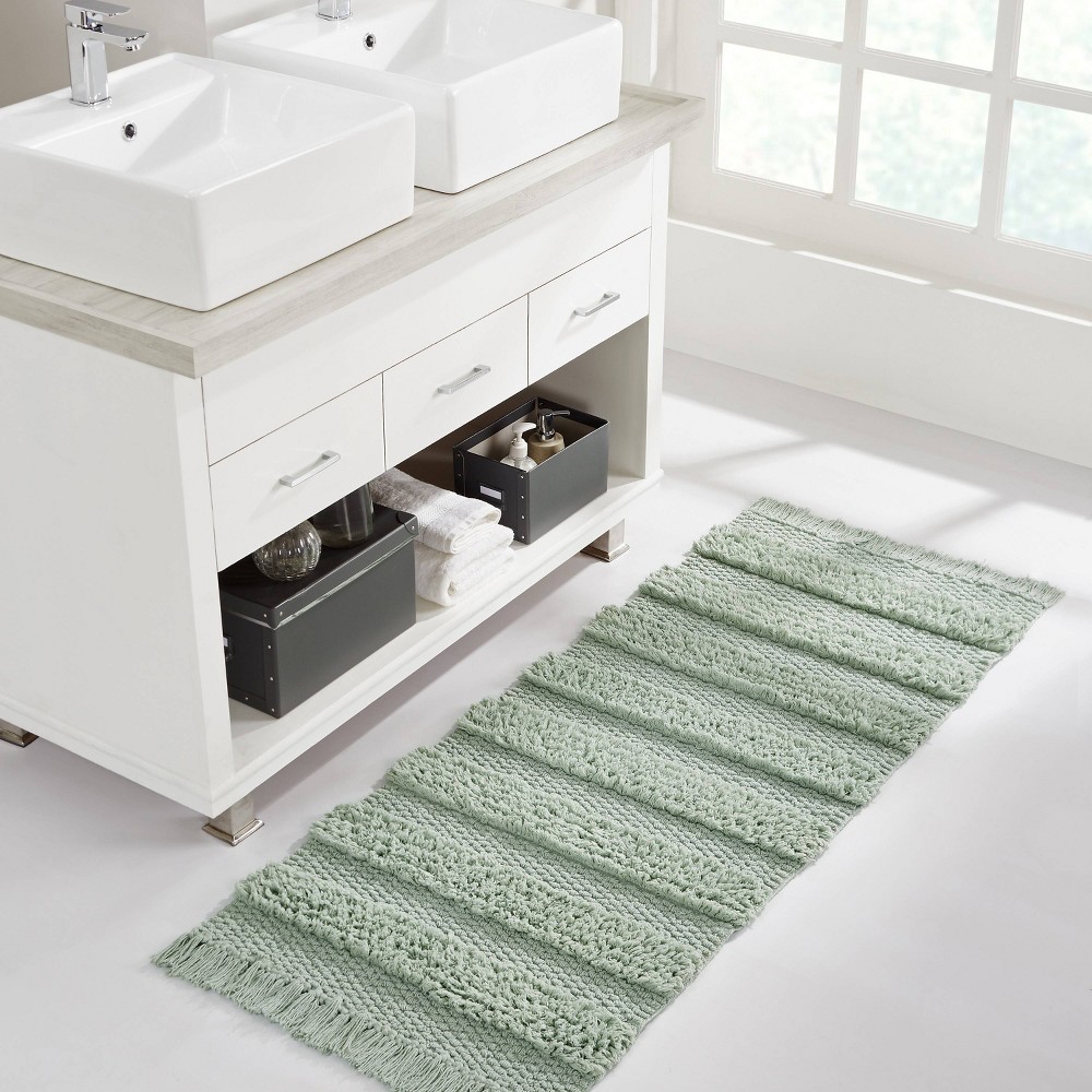 Photos - Bath Mat VCNY 24"x60" Savannah Fringe Striped Bath Rug Runner Sage: Bohemian Lightweight Microfiber, Low Pile, Machine Made